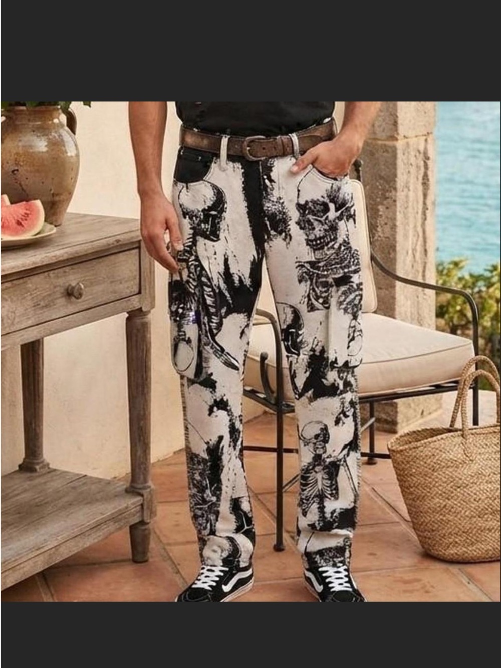 rebels Black and White Skeleton Print Cargo Pants